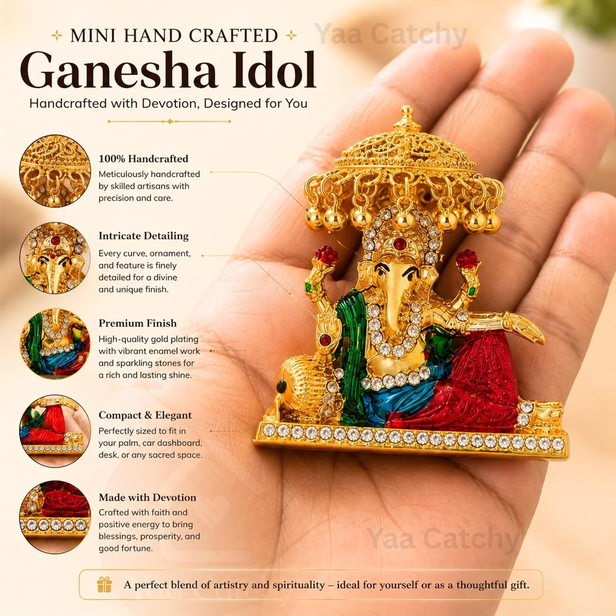 Yaa Catchy Mini Ganesh Idol for Car Dashboard | Small Ganesha Idol for Home, Office Desk & Pooja | Ganpati Murti with Premium Gold & Stone Work |5.5 cm (Mini Maharaja Ganesha)