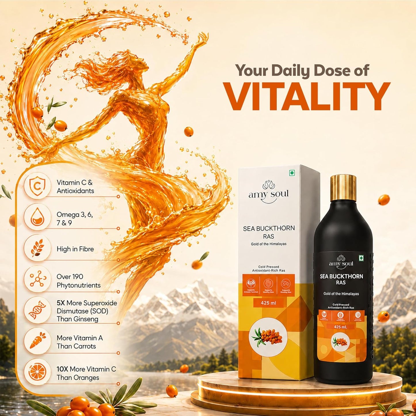 Sea Buckthorn Juice 425ml | Natural Wellness Drink with Vitamin C, Omega 3 6 7 9 & Antioxidants | Sea Buckthorn Ras for Immunity Support, Skin & Hair Wellness, Energy & Digestion | Dark Glass Bottle | No Added Preservatives