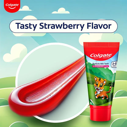 Colgate Kids Tiger Toothpaste for 2-5 Years - 80gm, Tooth Paste with 50% Lesser Abrasive Formula for Protecting Against Cavities (Strawberry Flavour)