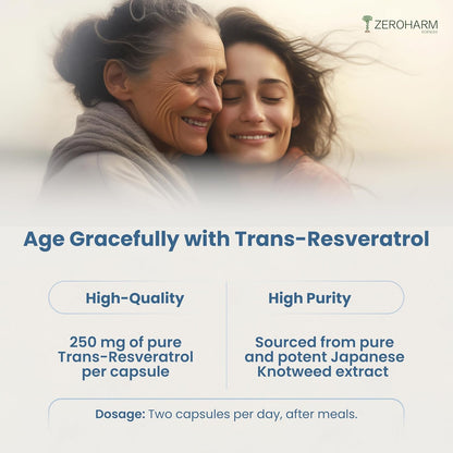 ZEROHARM Trans-Resveratrol Supplements | 250 mg Pure Resveratrol with Japanese Knotweed Extract - Support Immunity, Support Healthy Aging | Antioxidant Supplement For Men & Women | 60 Veg Capsules