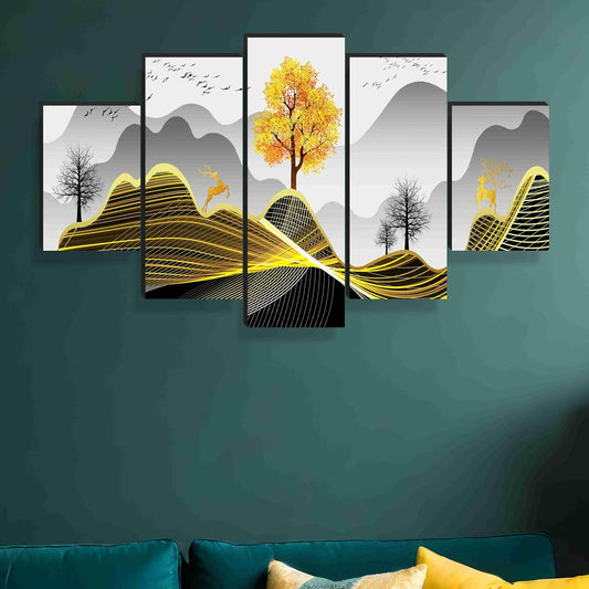 Deer Paintings For Wall Decoration - Set Of Five,3D Scenery Vastu Painting For Living Room Large Size With Frames For Home Decoration,Hotel,Office 76.2 Cm X 45 Cm Sanfpnls35461 - Engineered Wood