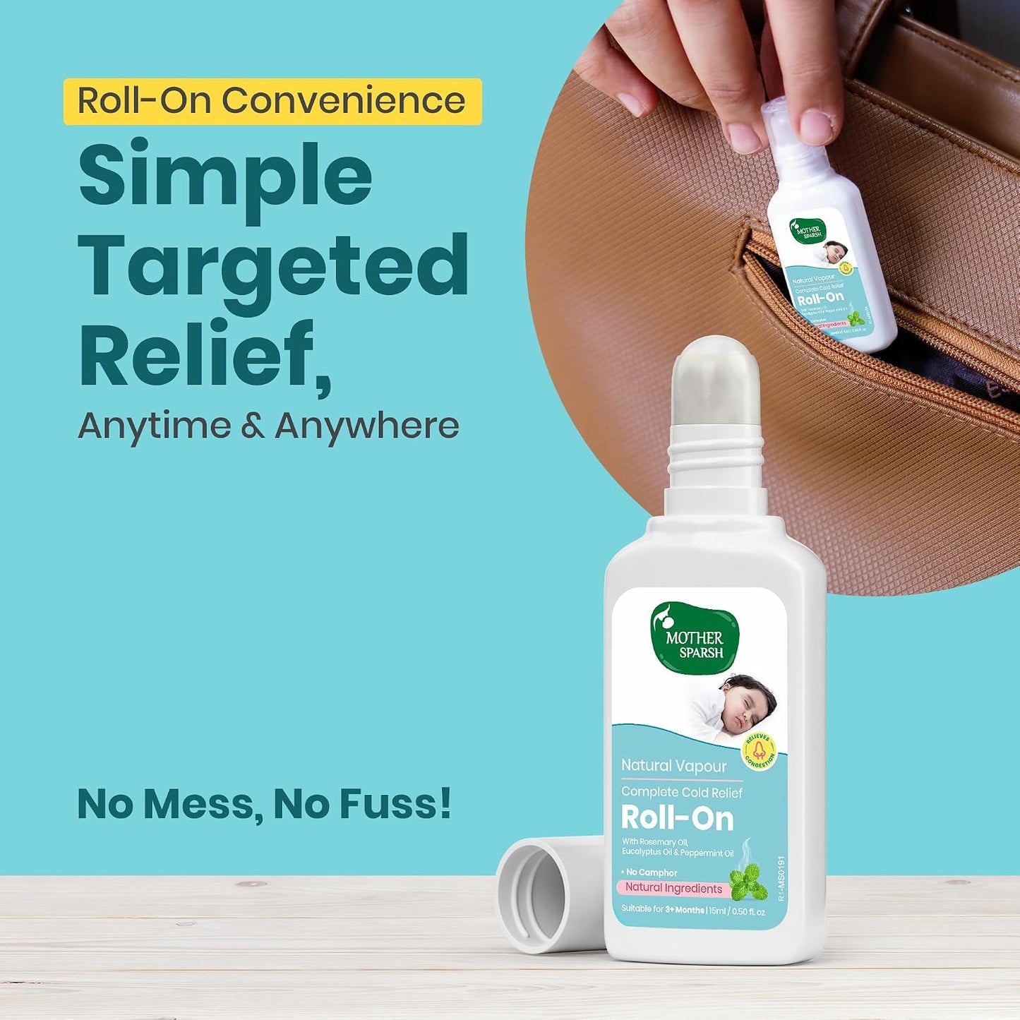 Mother Sparsh Natural Vapour Complete Cold Relief Roll-On for Babies-15ml | With Thymol Crystal, Eucalyptus Oil & Peppermint Oil for Cold & Cough | 100% Natural | Relieves Chest Congestion