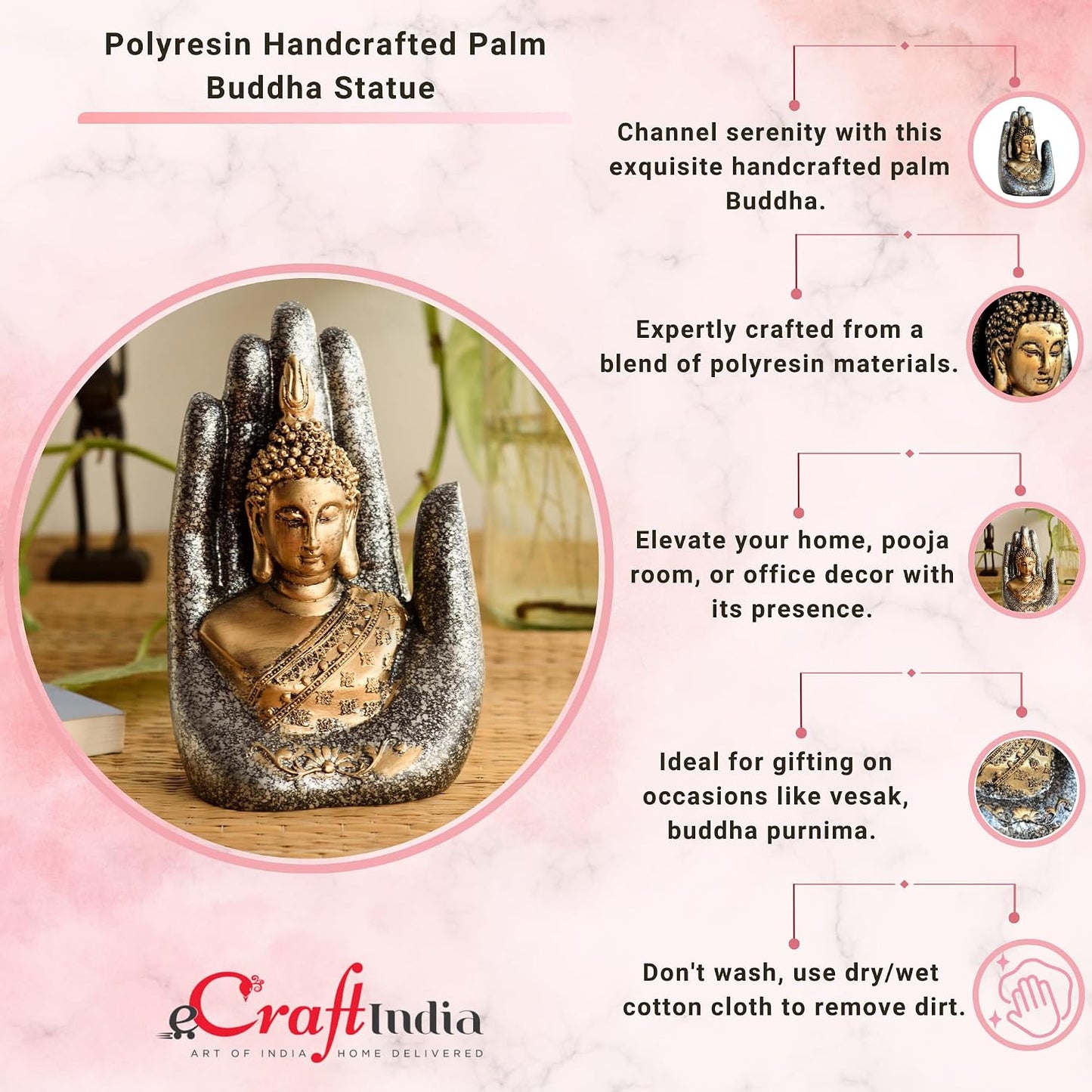 eCraftIndia Grey Golden Resin Palm Lord Buddha Idol Tea Light Candle Holder| Gautam Buddha Statue Tea Light Holder Diwali Decoration Items for Home Decor| Buddha Showpiece Gift for Diwali Housewarming