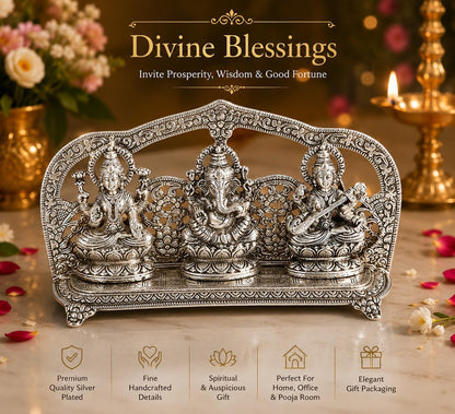 Silver Plated Laxmi Ganesh Saraswati God Idol Statue Oxidized Finish with Beautiful Velvet Box Packing and with Carry Bag (29cm x 18cm x 7cm), Religious