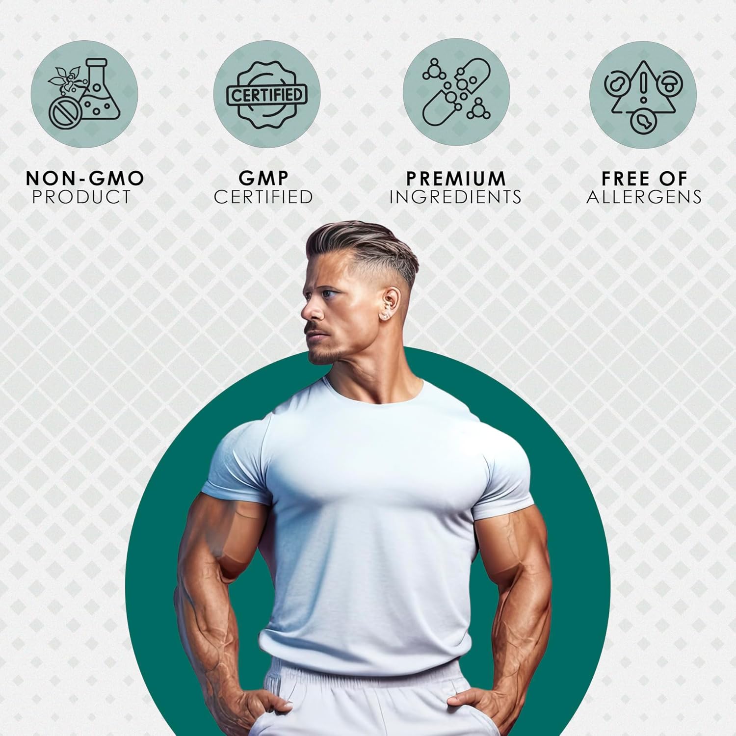 Man in a white t-shirt with certification icons around him on a light gray background