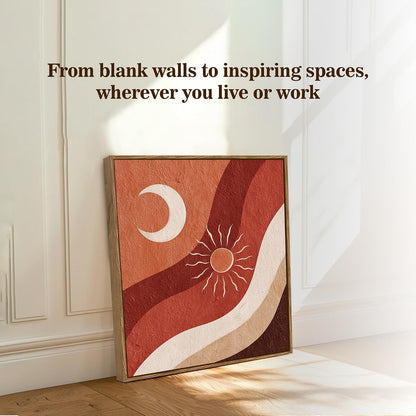 Boho Sun Moon Framed Painting For Living Room | Abstract Desert Large Canvas Painting With Frame Wall Art For Bedroom, Hallway's, Office, Hotel, Size 58x58 cm