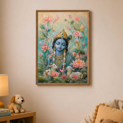 Lord Krishna Lotus Cow Wall Painting for Living Room Bedroom Kids Room Decor, Devotional Artwork with Sparkle Laminate and Premium Wooden Synthetic Frame (13.5 x 19.5 Inch) NM01-4115