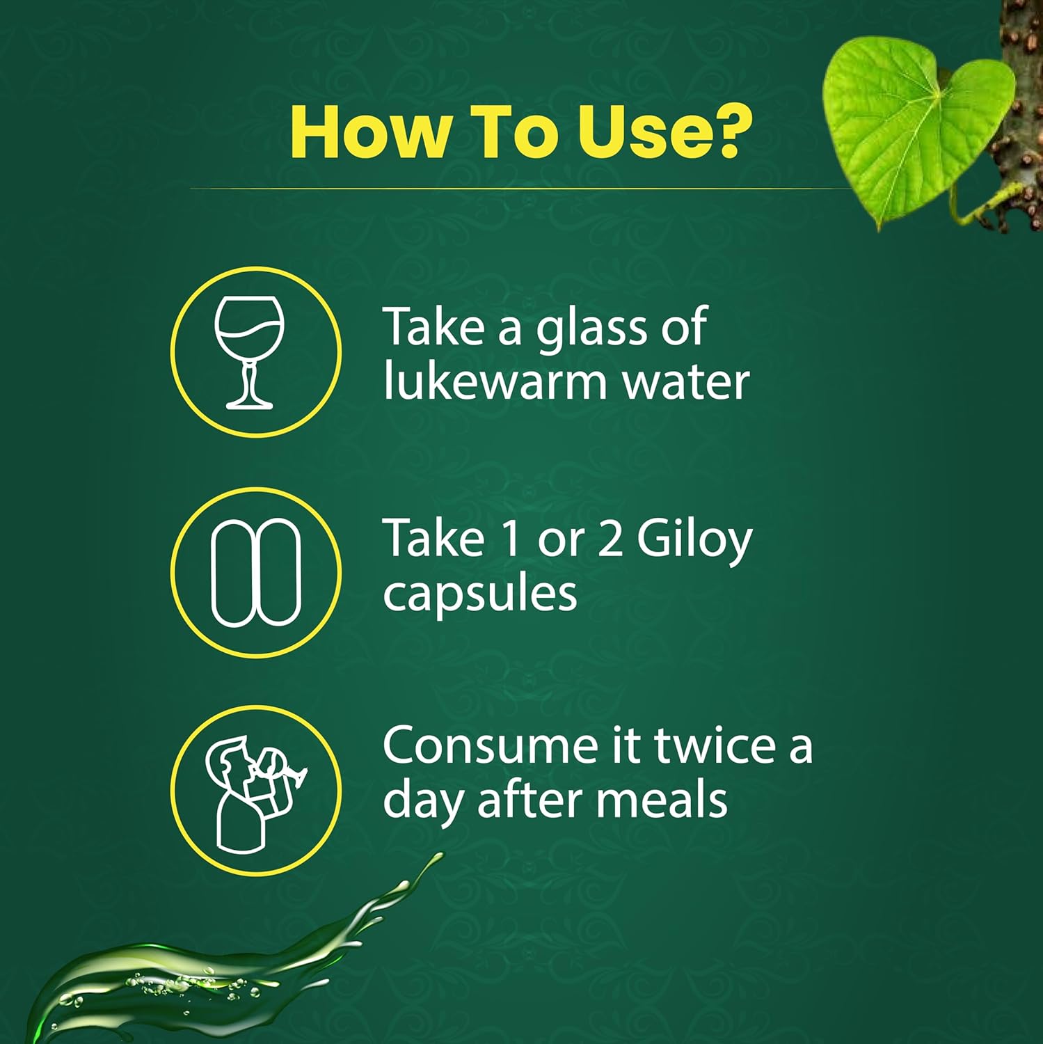 Instructions on how to use Giloy capsules with a green background and leaf graphics.