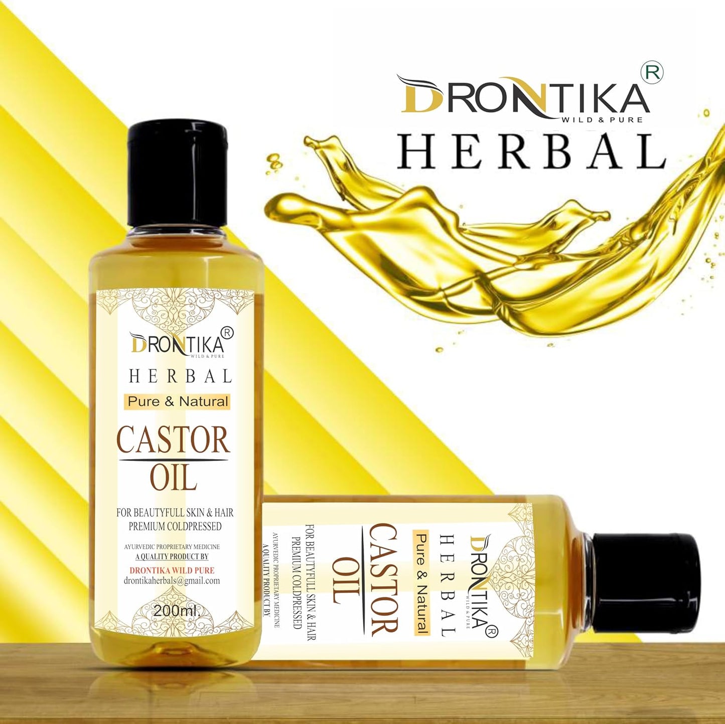 Drontika Herbal Castor Oil bottle with oil splash on a yellow and white background