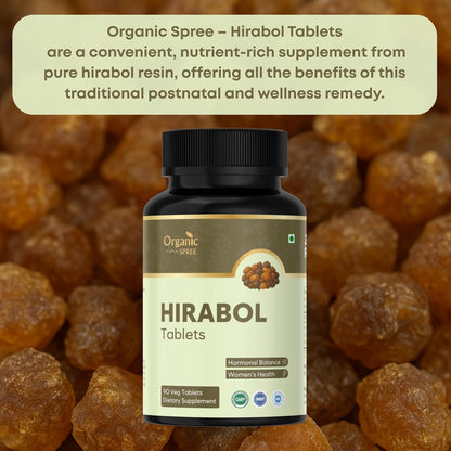 Bottle of Organic Spree Hirabol Tablets with hirabol resin in the background