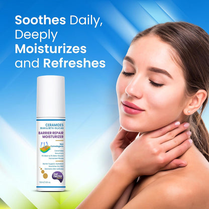 Woman applying moisturizer with a bottle of moisturizer on a blue and green gradient background