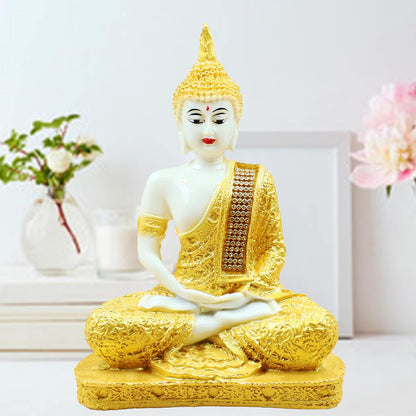 Meditating Buddha Statue Polyresin Idol Showpiece- Perfect for Living Room, Bedroom & Office Space Home Decor & Staircase Wall Decoration Ideal Gifting (White Gold Sitting Buddha)