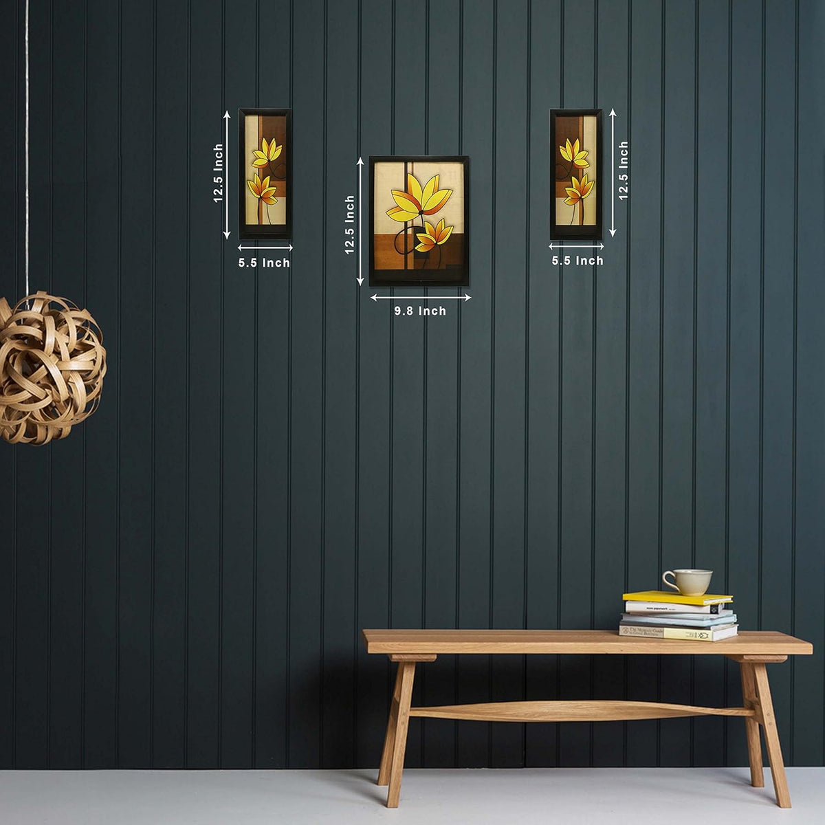 3 PC Set of Floral Paintings (1061) Without Glass 5.2 X 12.5, 9.5 X 12.5, 5.2 X 12.5 inch