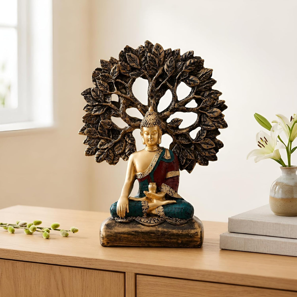 Handcrafted Buddha Showpiece with Tree for Home Décor (Pack of 1, Multi)