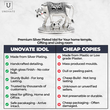 UNOVATE Kamdhenu Cow Idol for Home Temple, Pooja Room & Office Desk, Silver