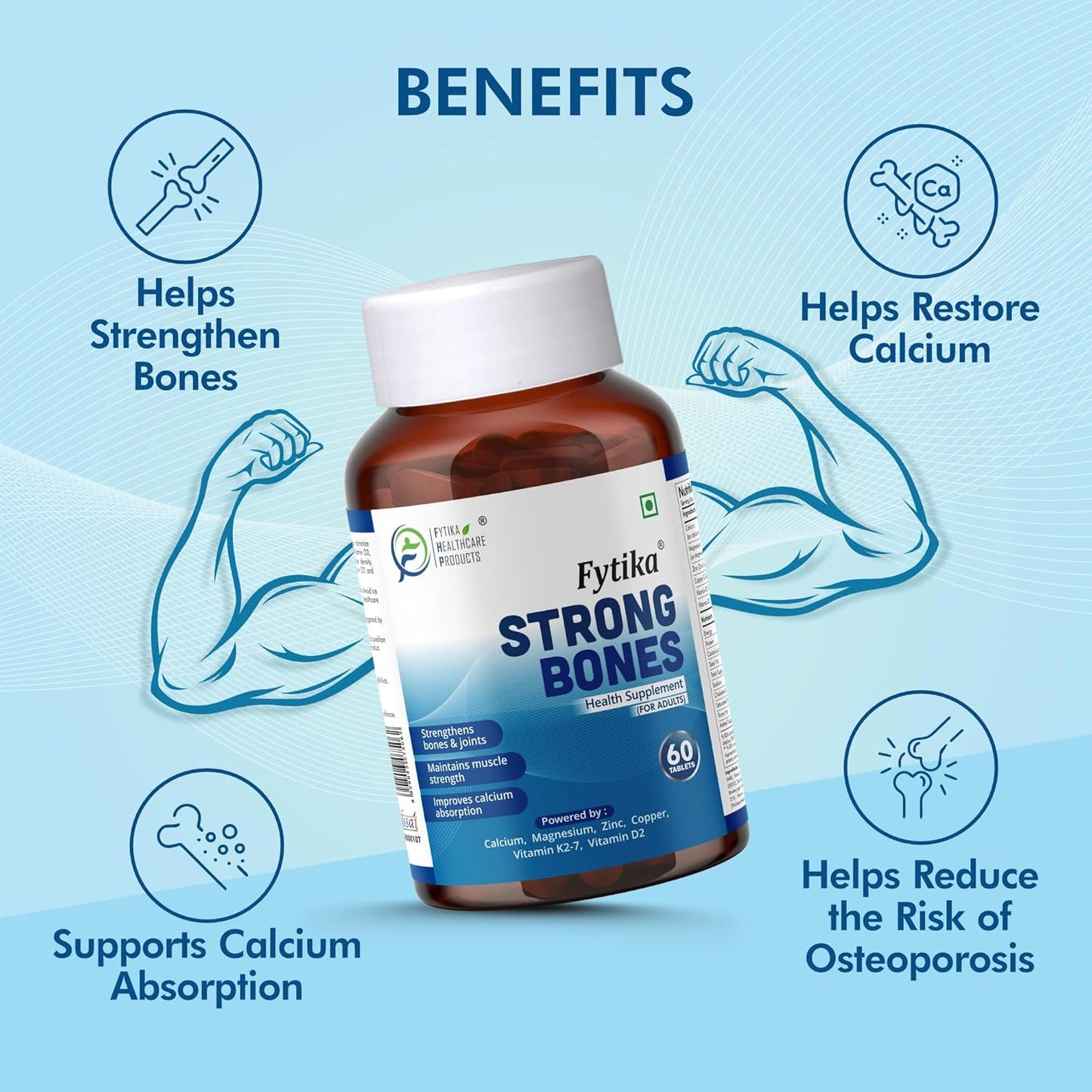 Fytika Strong Bones supplement bottle with benefits on a blue background