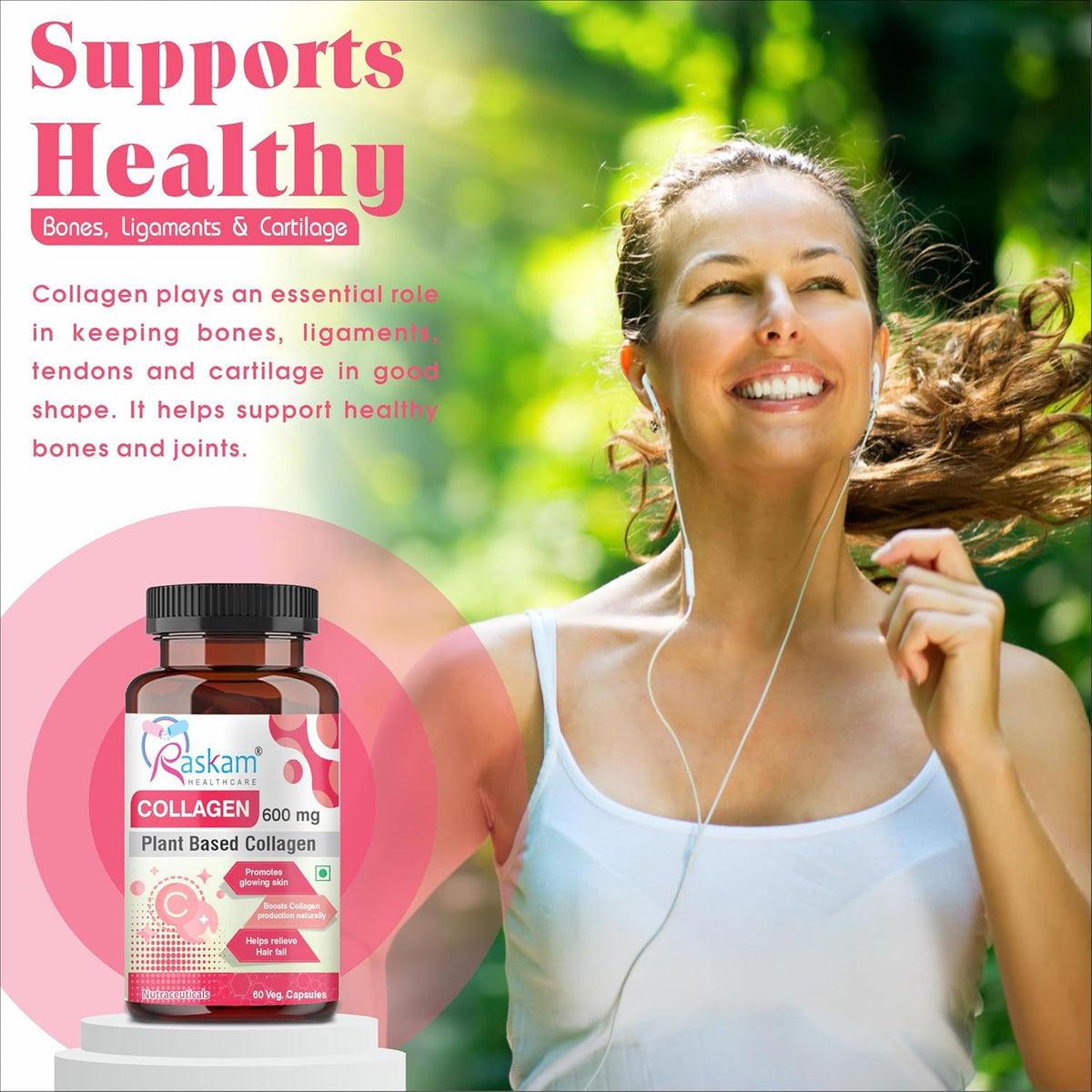 Woman exercising outdoors with a bottle of Rukmini Collagen supplement in the foreground.
