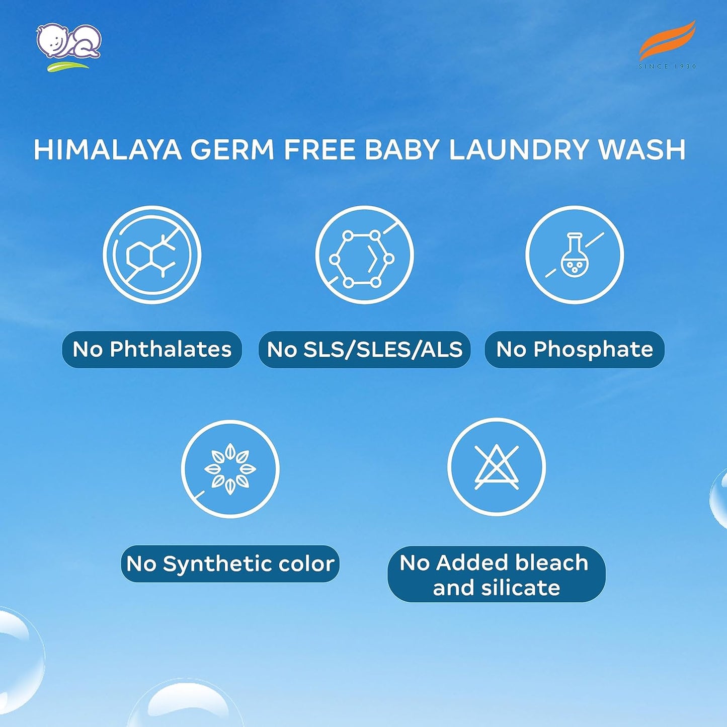 Himalaya Germ Free Baby Laundry Wash advertisement with icons and text on a blue background
