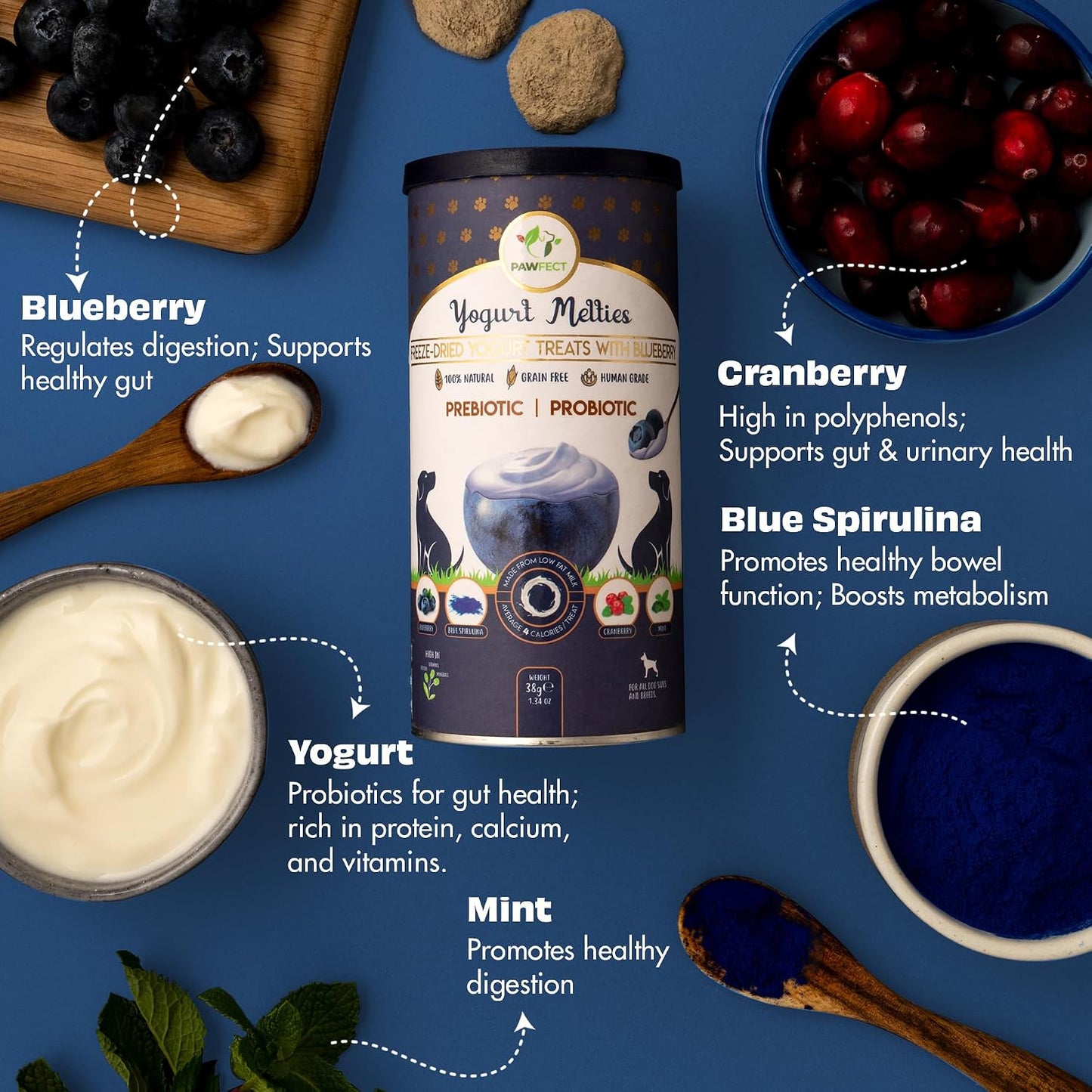 Pawfect Yogurt Melties Freeze Dried Pre and Probiotic Dog Treats with Blueberry, Cranberry, Blue Spirulina & Mint - Healthy Gut - Low Calories - Grain & Gluten Free - Training Treats (38g/1.34oz)