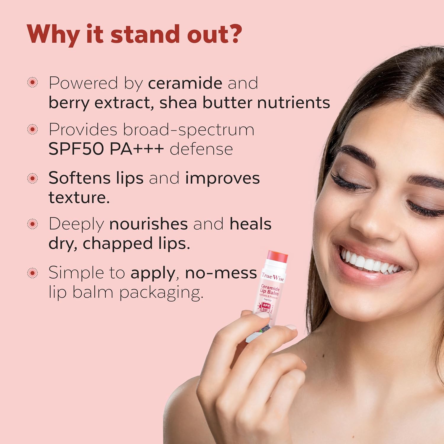 Lip balm product with a woman holding it, on a pink background with text about product features.