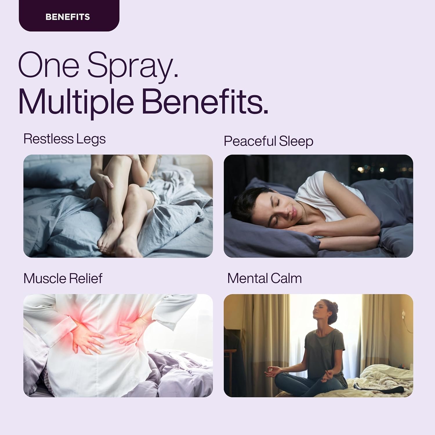 Advertisement for a product with images of people experiencing restless legs, peaceful sleep, muscle relief, and mental calmness.