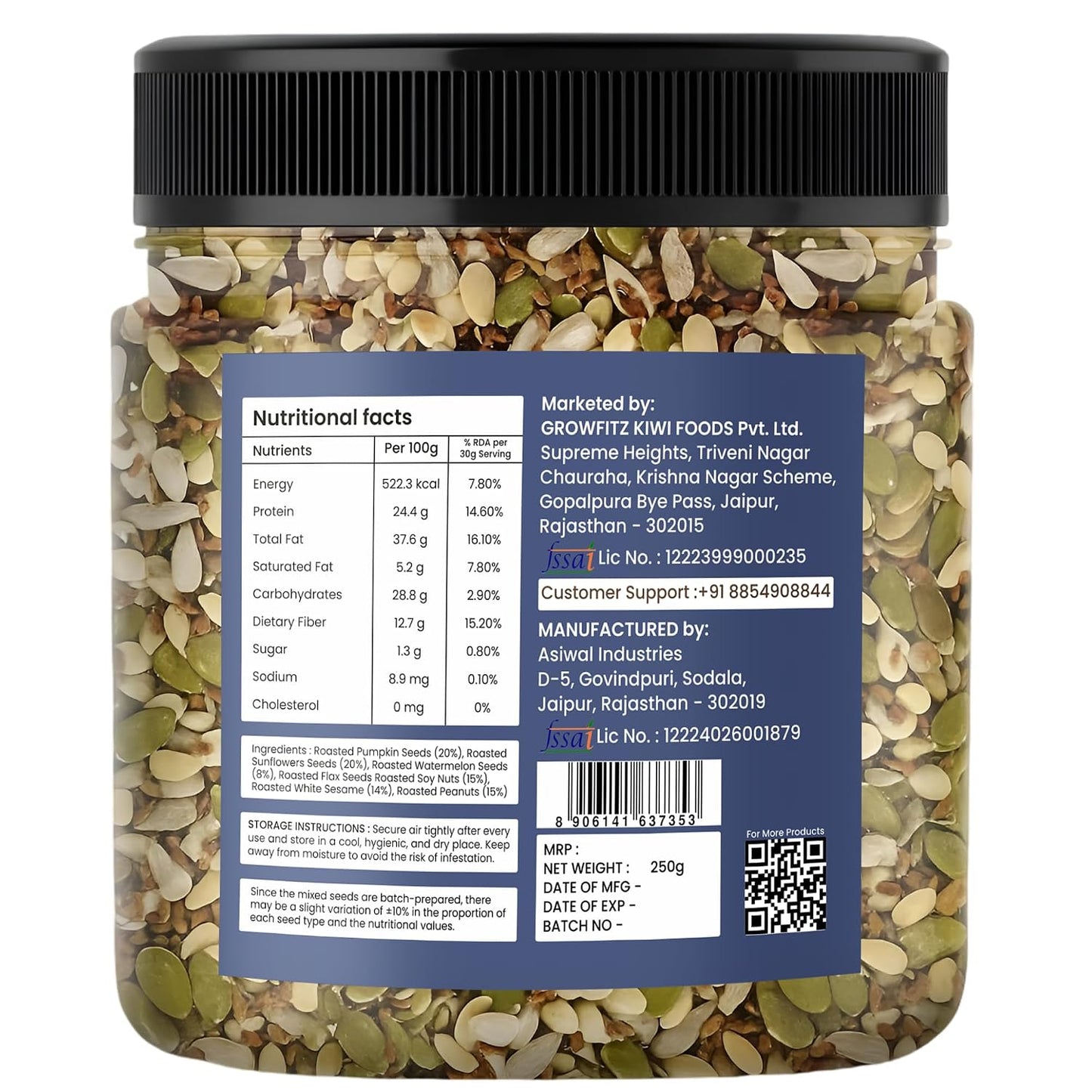 Growfitz 7-in-1 Super Seed Mix | 250g | 24.4g High Protein & Fiber | Roasted Pumpkin, Sunflower, Flax, Chia, Soy Nuts & Sesame | Healthy Snack |