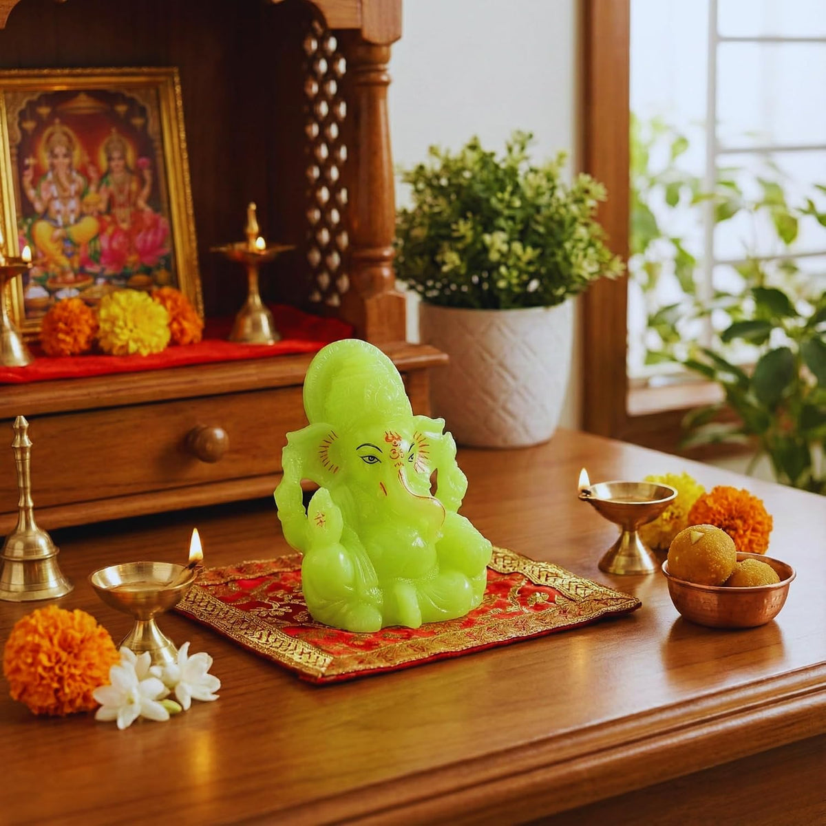 Radium Green Ganesha Idol 3 Inch | Glow Ganpati Murti for Home, Office & Pooja