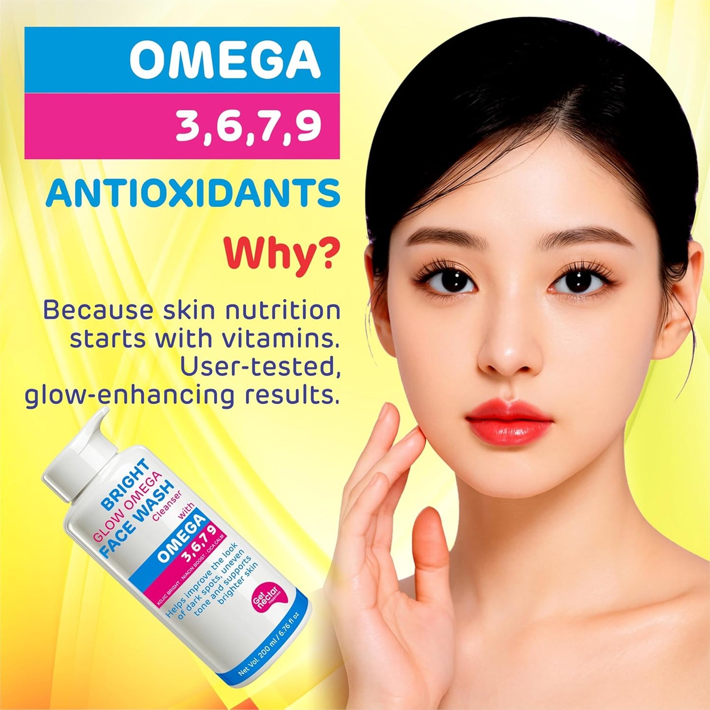 Woman applying face wash with omega 3,6,7,9 antioxidants on a yellow background