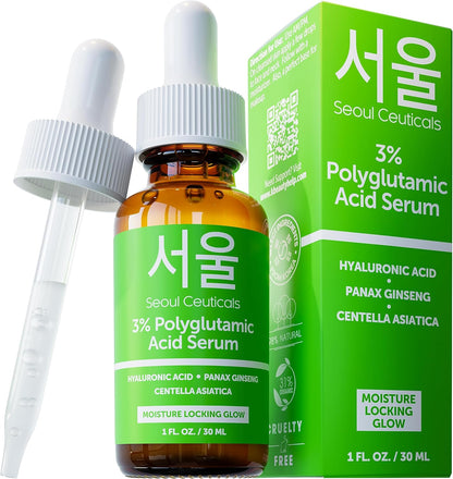 SeoulCeuticals Organic Polyglutamic Acid Korean Serum - 30ml Anti Aging Serum with Hyaluronic Acid + Centella Asiatica - K Beauty Skincare for Healthy Glowing Skin