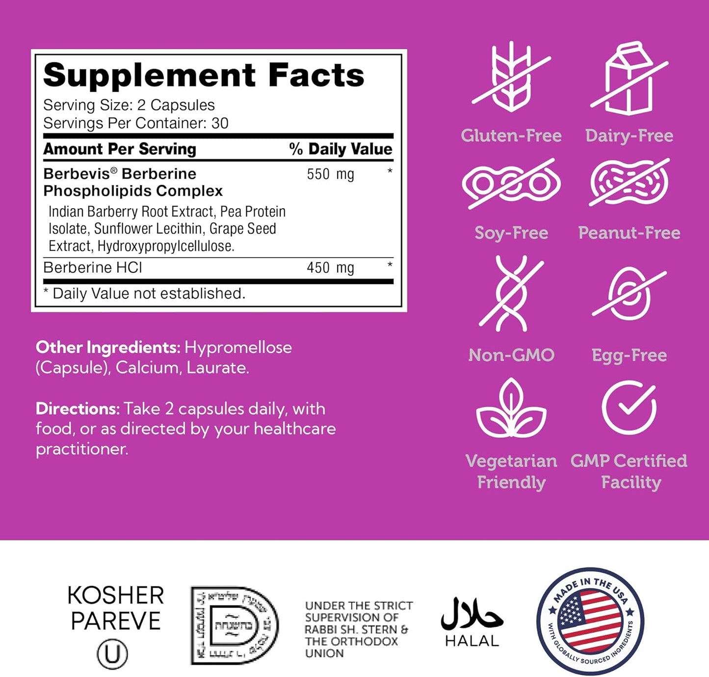 Supplement label with facts and icons on a purple background