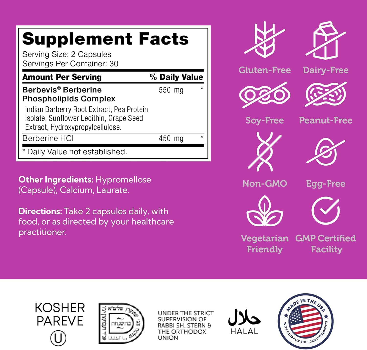 Supplement label with facts and icons on a purple background