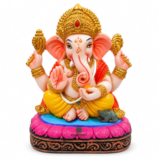 Lotus Chowki Ganesh Idol, Marble Ganesh Murti, Multicolor Glossy Ganesha Statue for Home Temple, Pooja Room, Office & Festive Decor, 5 Inch
