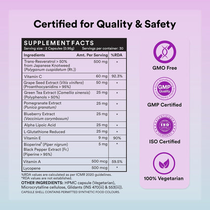 INLIFE Resveratrol Supplements - 750 mg Antioxidant Formula with Japanese Knotweed (Trans-Resveratrol), Grape Seed, Lycopene, Vitamin E & C - 60 Veg Capsules - Supports Skin, Heart Health
