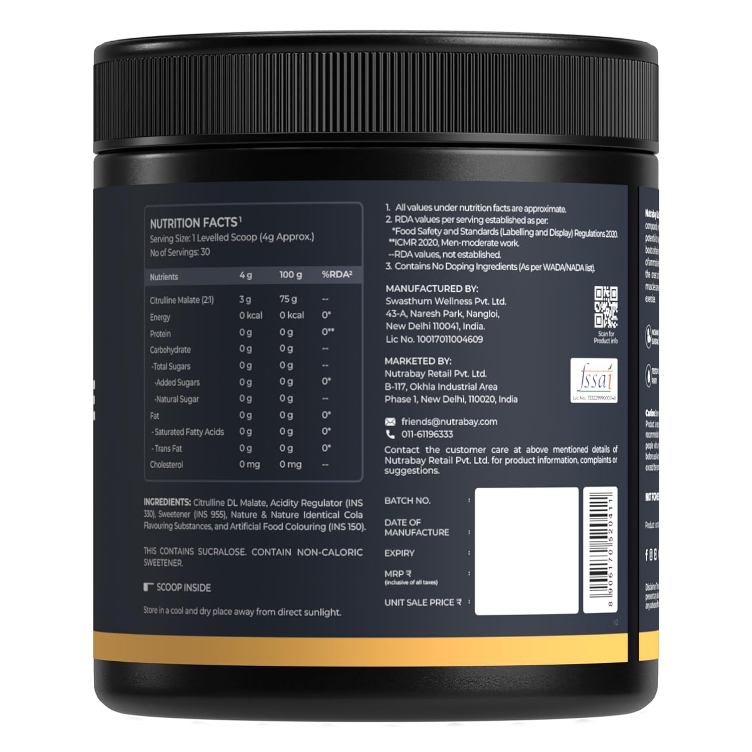 Back label of a supplement container with nutritional information and branding details.