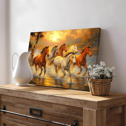 Seven Running Horses Wall Art Painting For Living Room, 7 Horsre Vastu Painting For Bedroom, Home and Office, Stretched canvas 16x22 Inch