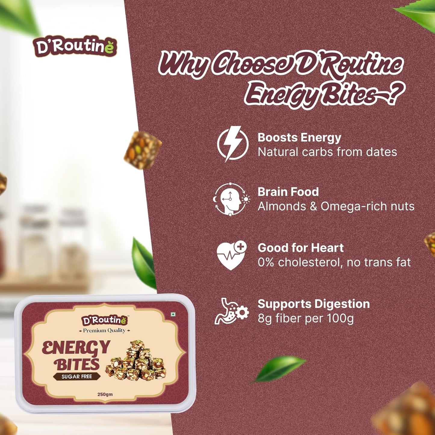 D'Routine Date Bites & Sugar-Free Dates Bites 250Gm Premium Dry Fruit Energy Barfi | Made with Dates, Almonds, Cashews, Pistachios, Pure Ghee & Honey100% Natural Gluten-Free Healthy Snack & Sweet