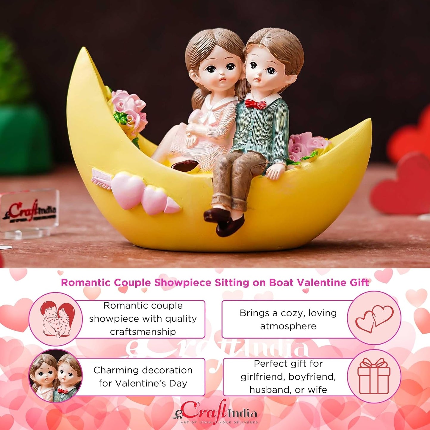 eCraftIndia Romantic Couple Showpiece Sitting on Boat | Valentine Gift for Girlfriend Boyfriend Husband Wife Special Love Her Him | Valentine Day Decoration Items
