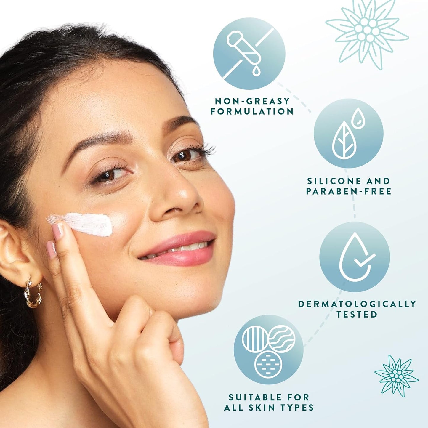 Woman applying cream to her face with product features highlighted on a light blue background