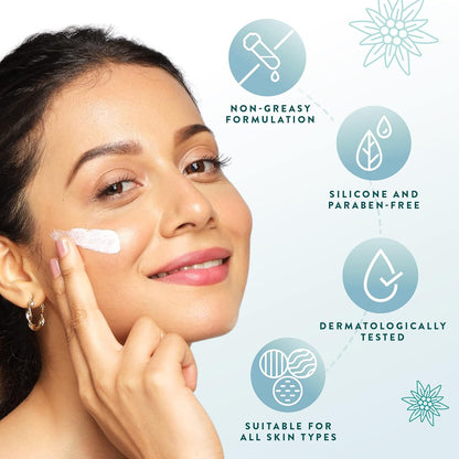Woman applying cream to her face with product features highlighted on a light blue background