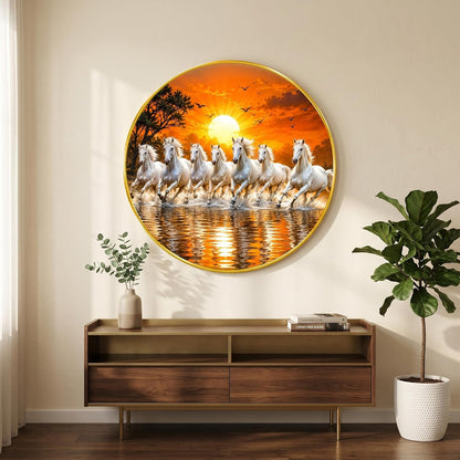 7 Horse Vastu Round Wall Painting with Premium PVC Golden Frame, White Running Horses Sunset Water Art for Living Room Office Home Decor Gift (20 x 20 Inch) GRL-449