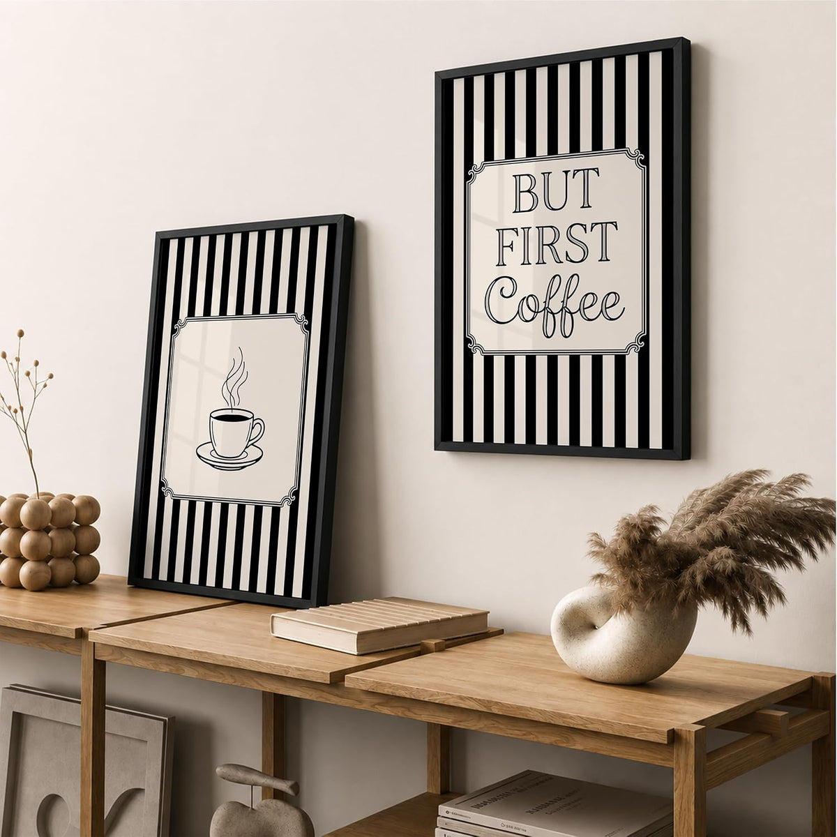 But First Coffee Wall Art Set of 2 Framed Paintings | Black White Striped Coffee Poster Kitchen Café Décor | Home Office Wall Décor (Art 20, 10x13 Inches, Black)