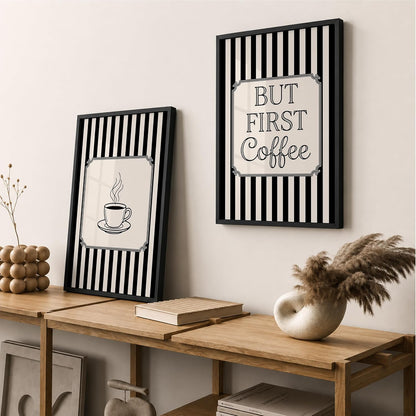 But First Coffee Wall Art Set of 2 Framed Paintings | Black White Striped Coffee Poster Kitchen Café Décor | Home Office Wall Décor (Art 20, 10x13 Inches, Black)