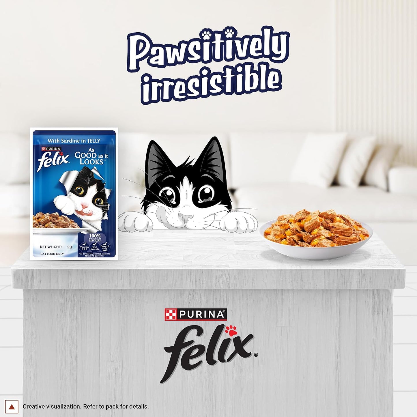 Purina Felix Sardine in Jelly, Wet Food for Adult Cats, 85g Pouch | With Sardine in Jelly, Tasty Meaty Chunks, 100% Complete & Balanced Nutrition, Vitamins D & E, Omega 6, Essential Minerals