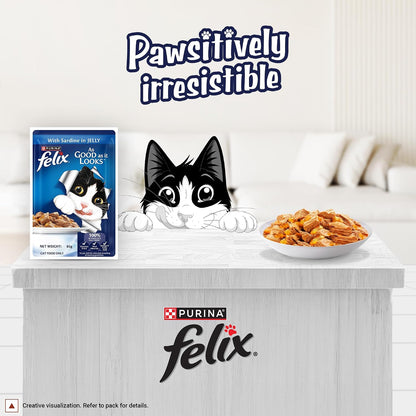 Purina Felix Sardine in Jelly, Wet Food for Adult Cats, 85g Pouch | With Sardine in Jelly, Tasty Meaty Chunks, 100% Complete & Balanced Nutrition, Vitamins D & E, Omega 6, Essential Minerals