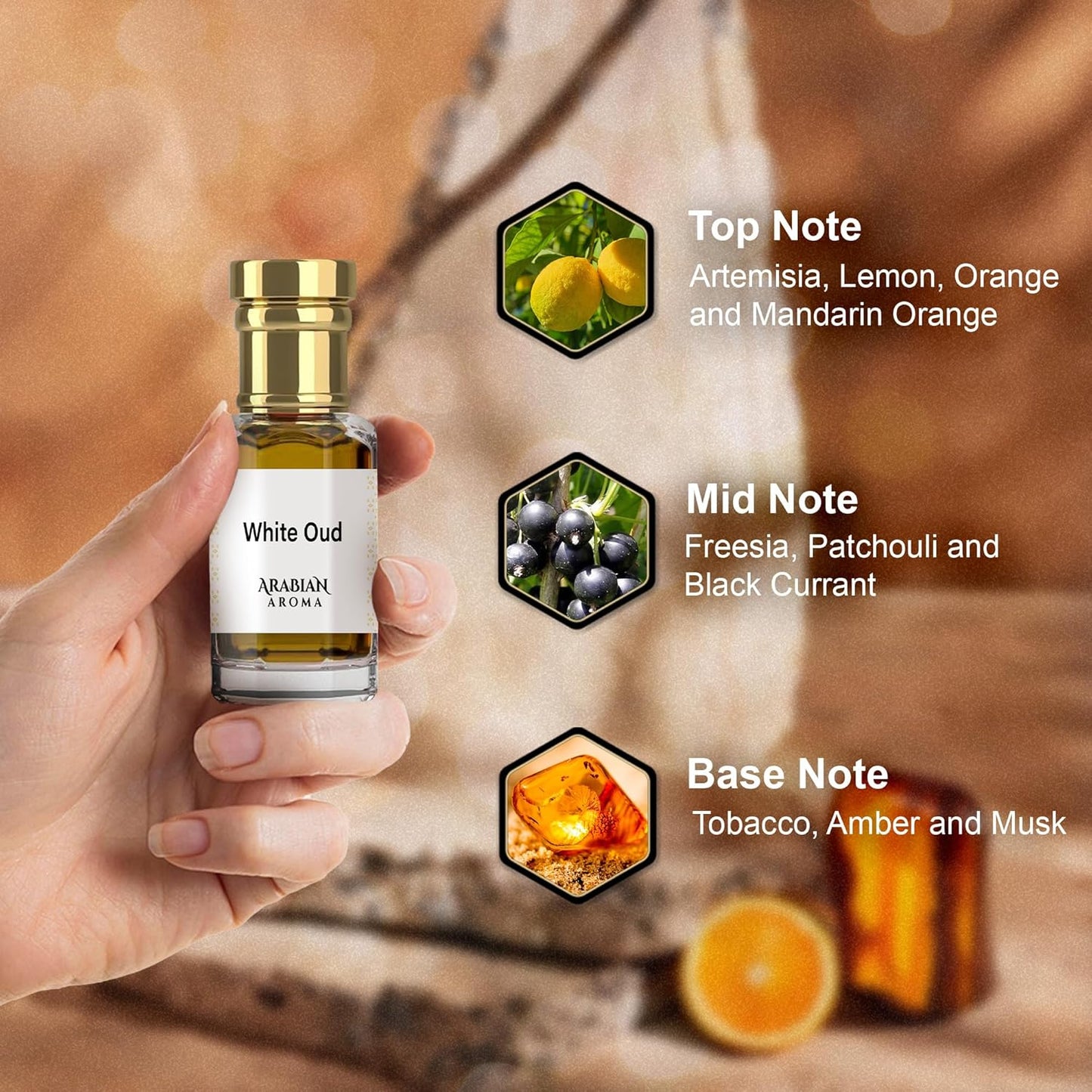 Hand holding a bottle of Arabian Oud White Oud with notes displayed on a warm-toned background