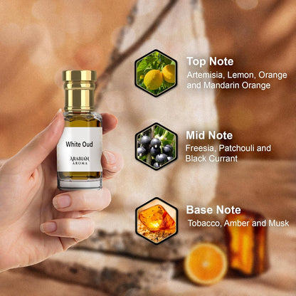Hand holding a bottle of Arabian Oud White Oud with notes displayed on a warm-toned background
