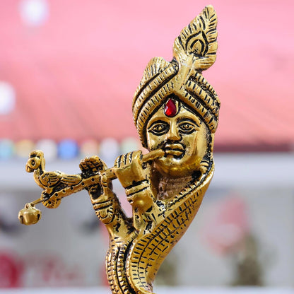 KridayKraft Lord Krishna Idol Playing Flute with Peacock, 14 cm Golden Aluminium Bansuri Krishna Murti for Home Mandir, Pooja Room, Janmashtami Décor & Religious Gifting