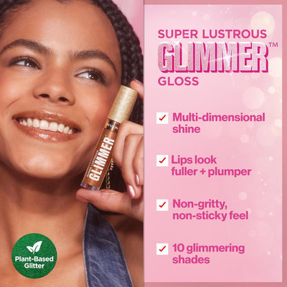 REVLON Super Lustrous Glimmer Gloss, Non-Sticky Lip Gloss, High-Shine Finish, Plant-Based Glitter, 005 Glazed Almond, 3.8 ml