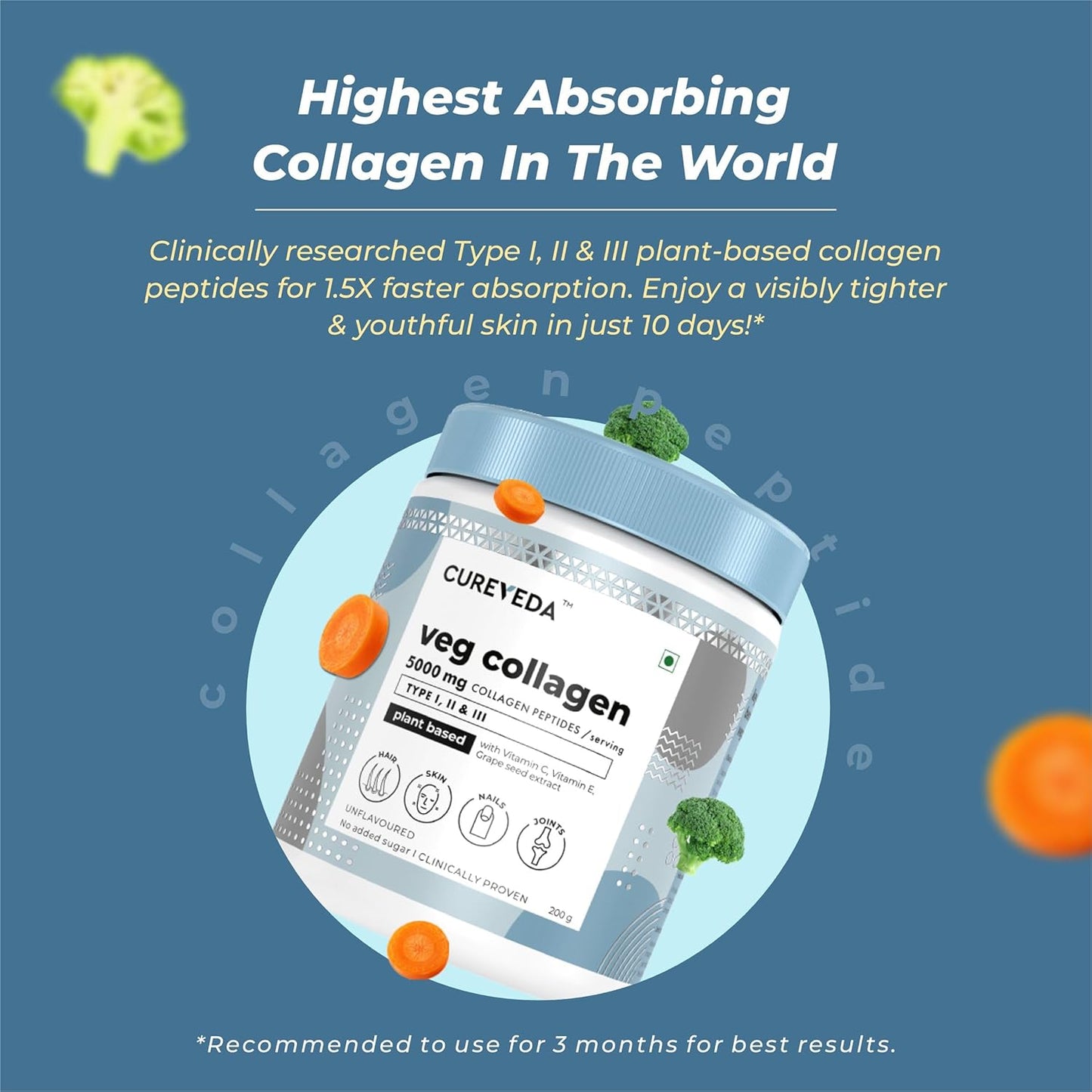 Cureveda veg collagen supplement container with text on a blue background