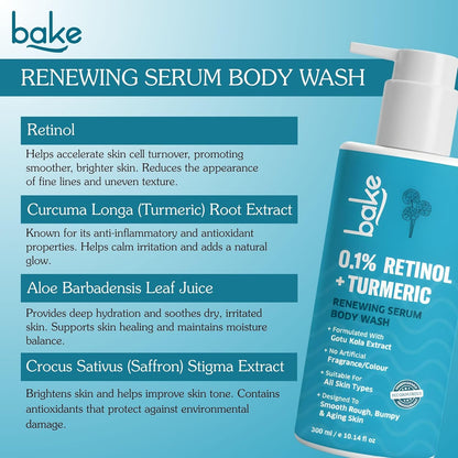 BAKE 0.1% Retinol & Turmeric Renewing Serum Body Wash for Anti Aging | Boosts Collagen Production, Increases Skin Elasticity & Reduce Fine Lines & Wrinkles | For Women & Men | 300ml